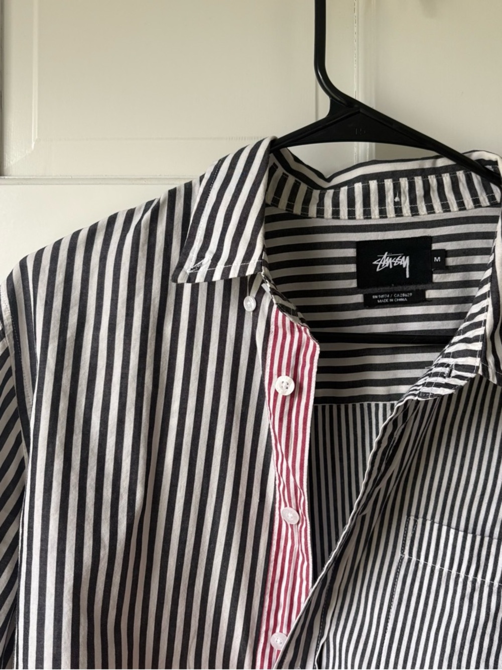 Stussy Black & White Striped Button-Up Shirt with Red Accents Size M